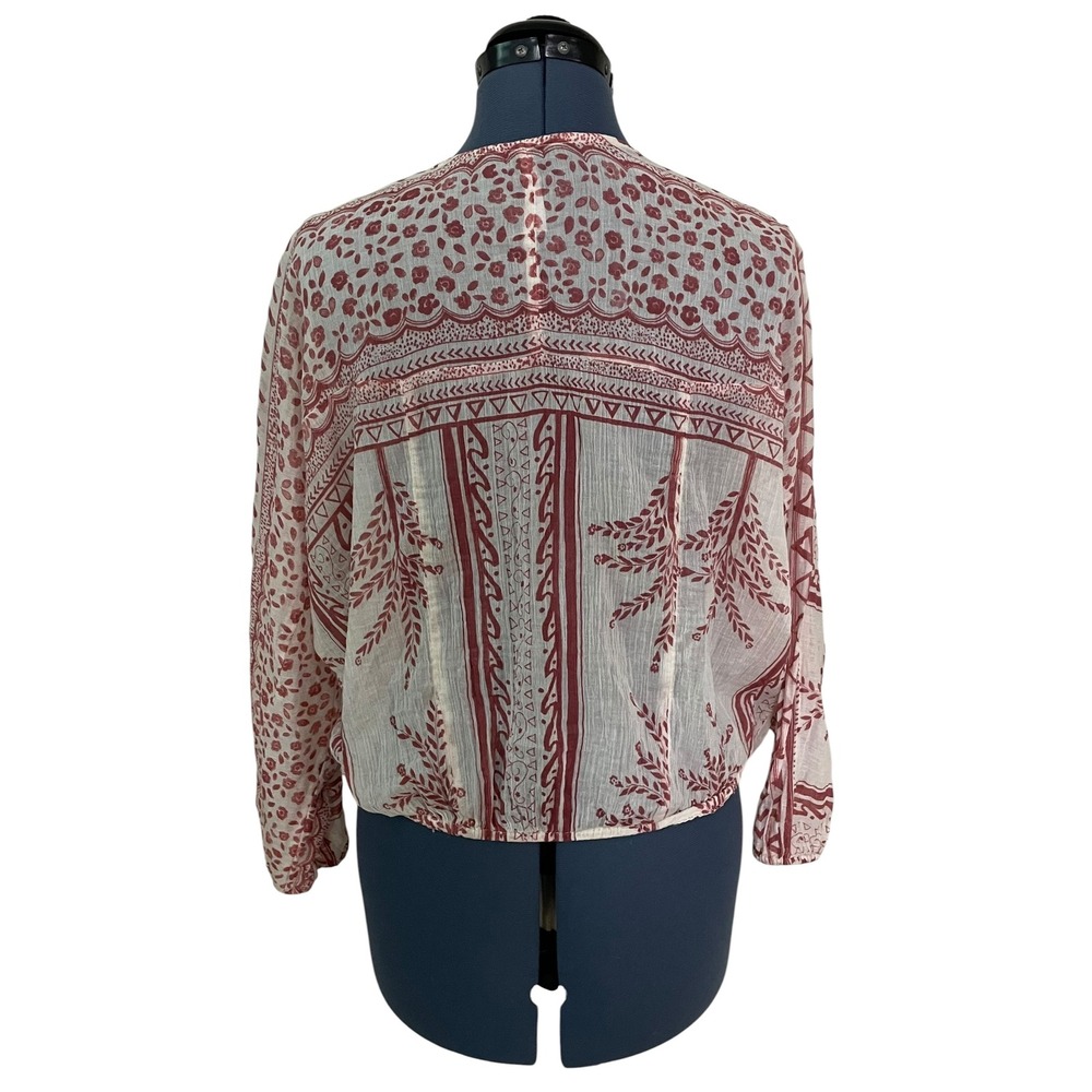 Free People Yo Yo Geo Peasant Blouse Red Cream Paisley Lace Up Tassel Boho M - Picture 5 of 16